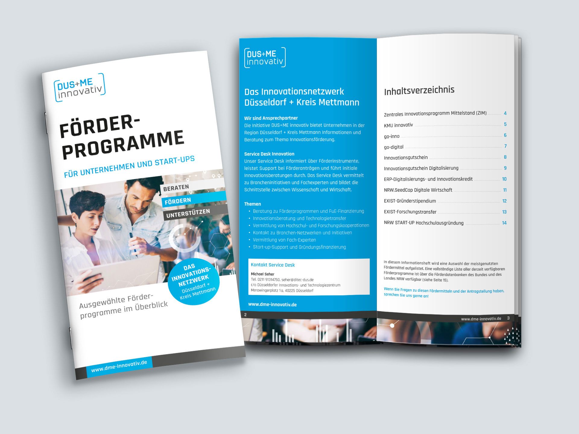 DUS+ME innovativ: Broschüre Förderprogramme Titel und Innenseiten