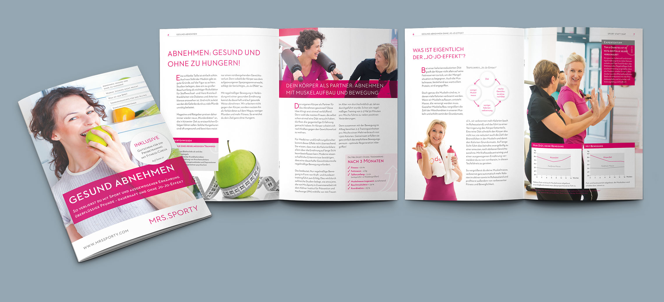 Broschüre Ernährung von Mrs.Sporty: Titel und Seiten 4–7 mit den Inhalten „Abnehmen, gesund und ohne zu hungern“ und der „Jo-jo-Effekt“