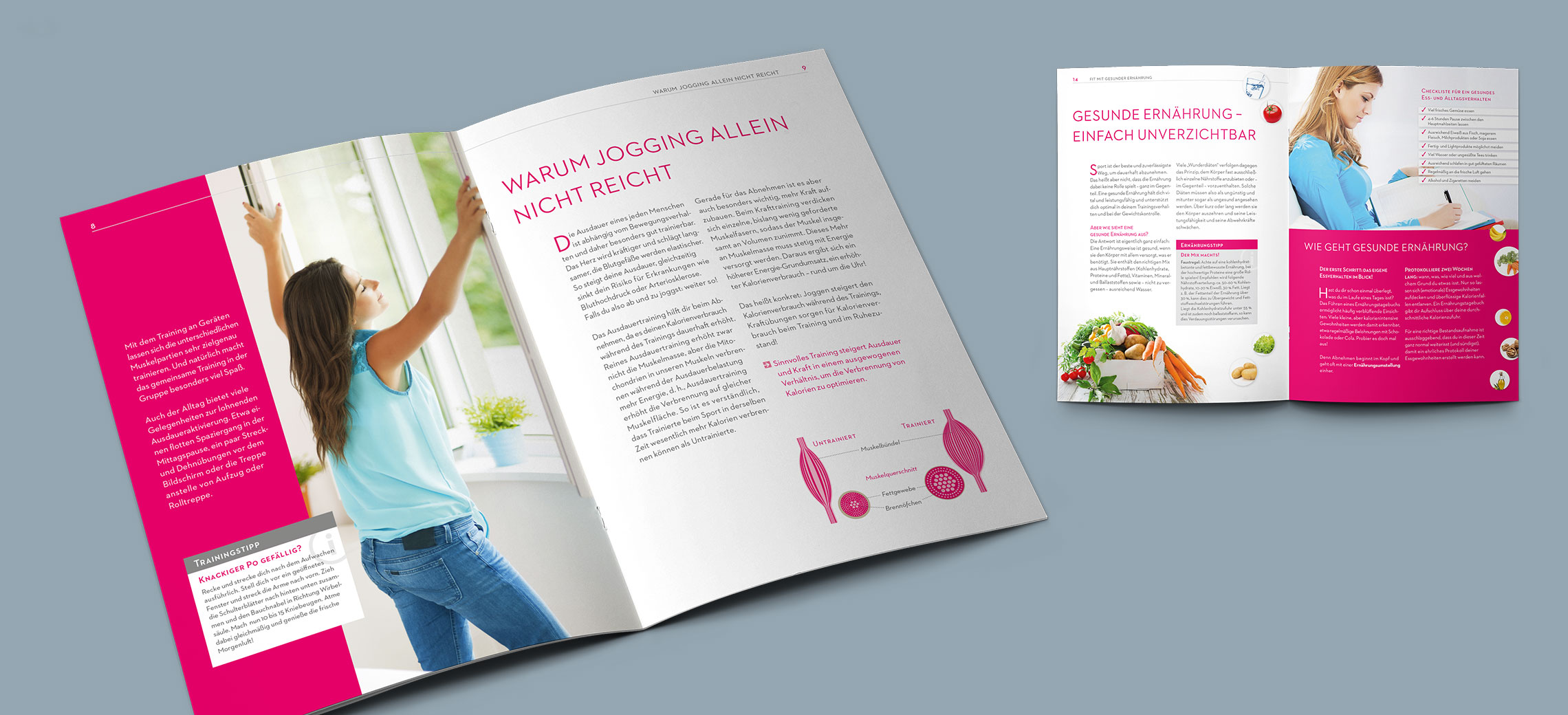 Broschüre Ernährung von Mrs.Sporty: große Abbildung der Seite 8-9 mit einer Frau am offenen Fenster und Titel „Warum Jogging allein nicht reicht“ sowie kleine Abbildung der Seiten 14–15 „Gesunde Ernährung – einfach unverzichtbar“ mit Tipps“